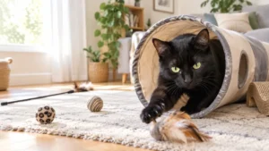 Phil joue dans un tunnel au milieu de ses jouets pour chats.