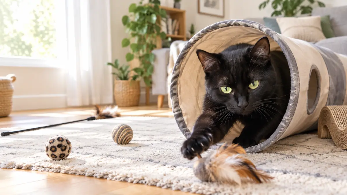 Phil joue dans un tunnel au milieu de ses jouets pour chats.